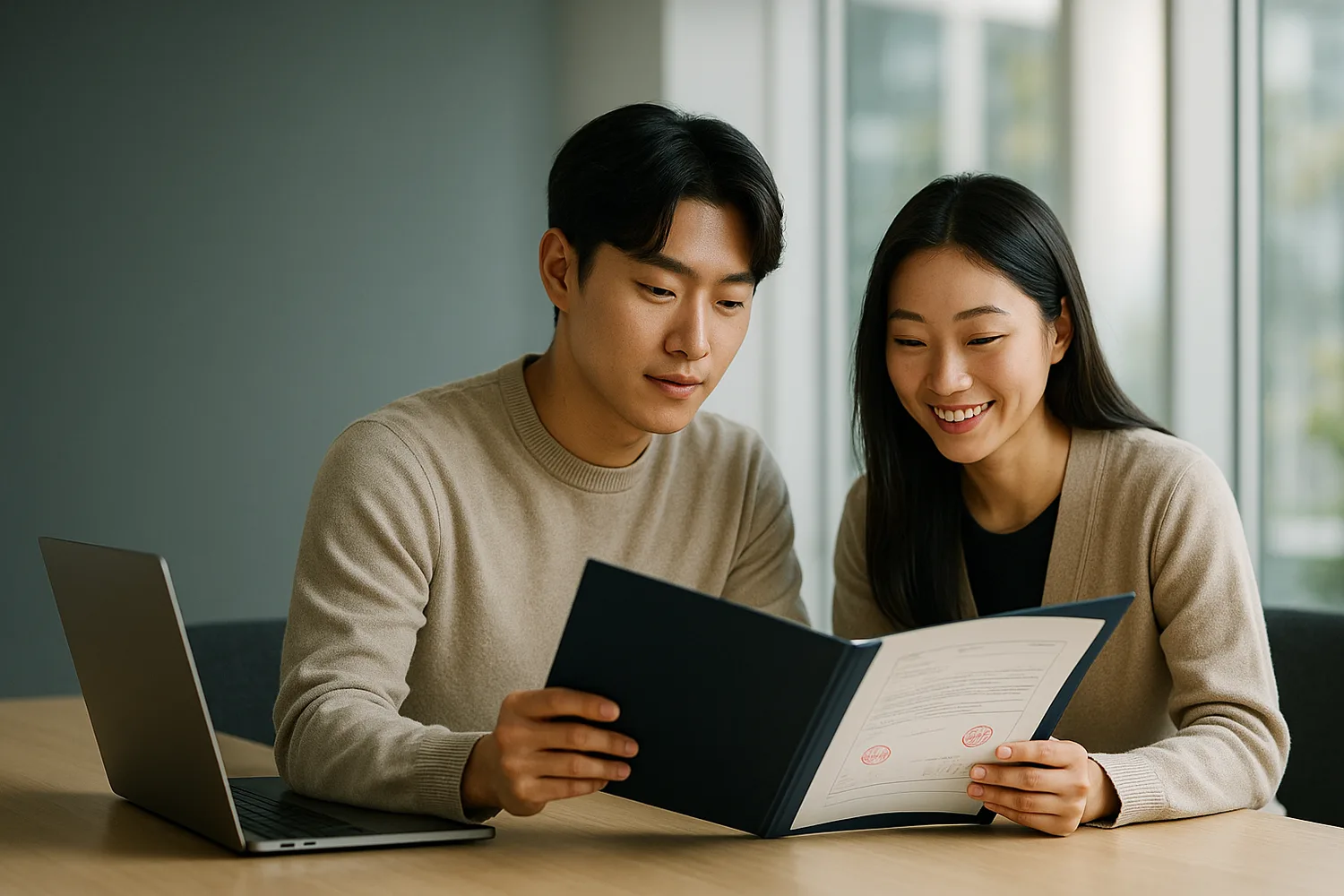 도장 찍힌 서류를 함께 확인하는 한중 부부(이미지)