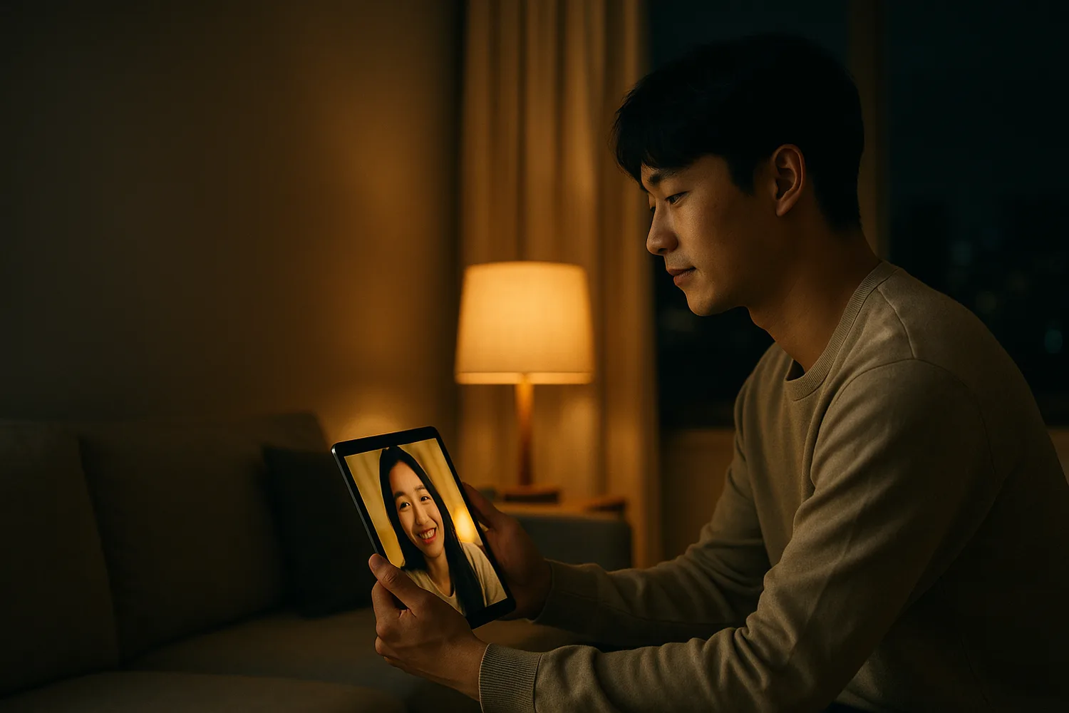 夜里在首尔家中用平板和中国妻子视频通话的韩国丈夫(示意图)