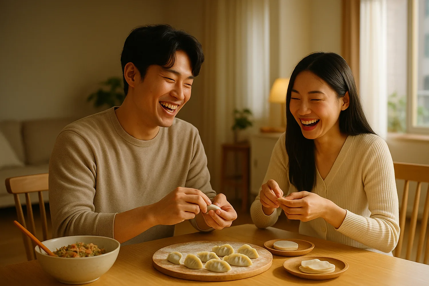 在韩国家中一起包饺子的中韩夫妻(示意图)