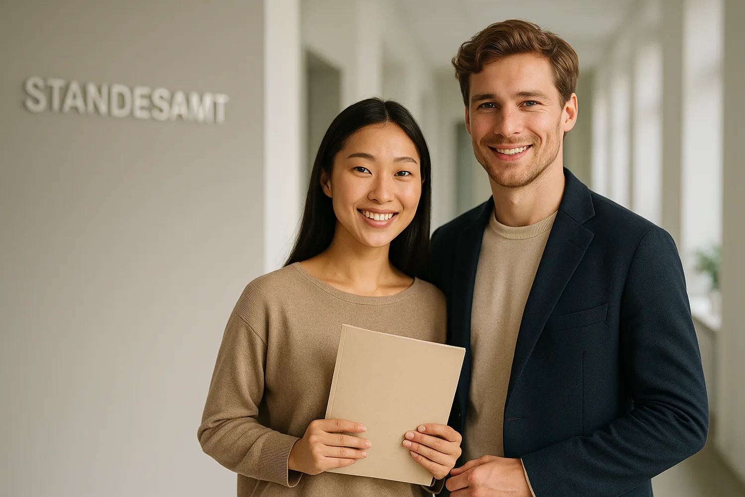 독일 혼인관청(Standesamt) 복도에서 서류 폴더를 든 한국·독일 부부(이미지)