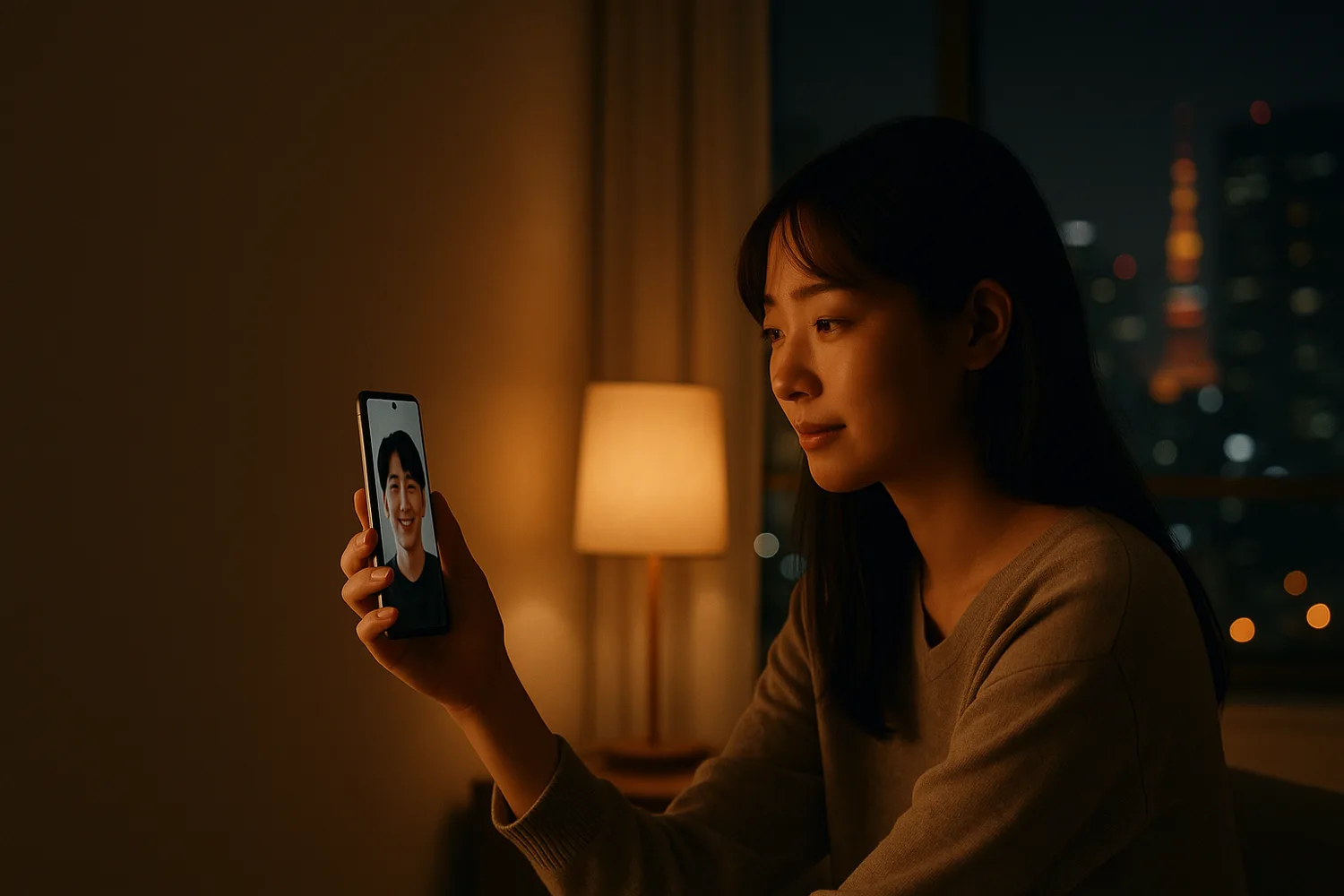 東京の自宅で、夜に韓国人の夫とビデオ通話する日本人の妻(イメージ)