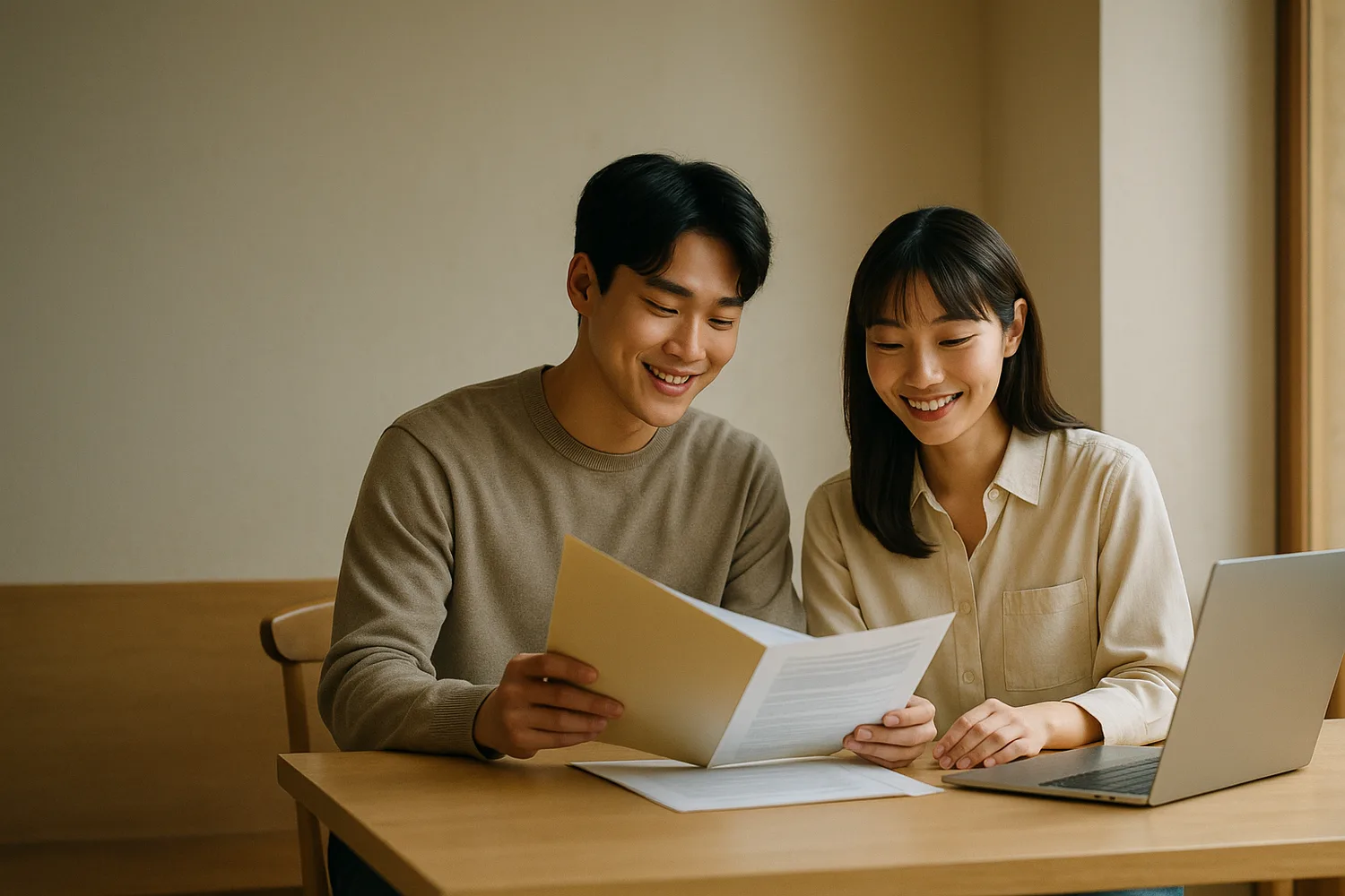 カフェで書類とノートパソコンを整理する日韓夫婦(イメージ)