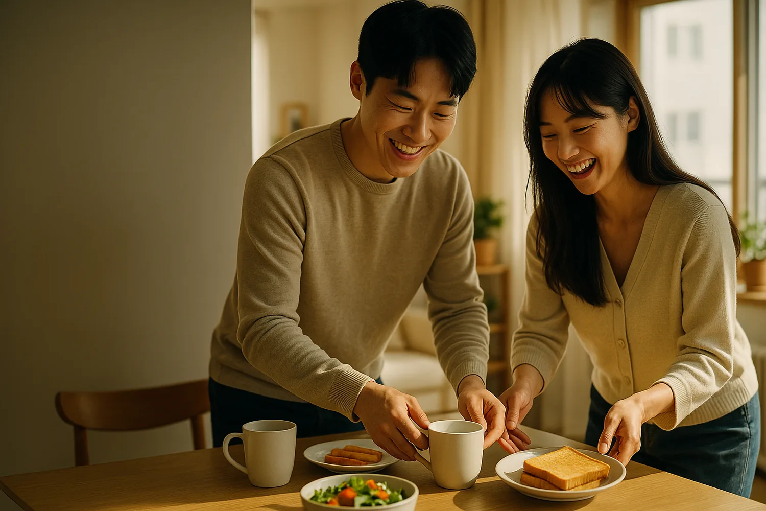 韓国の家で朝ごはんを用意して笑う日韓夫婦(イメージ)