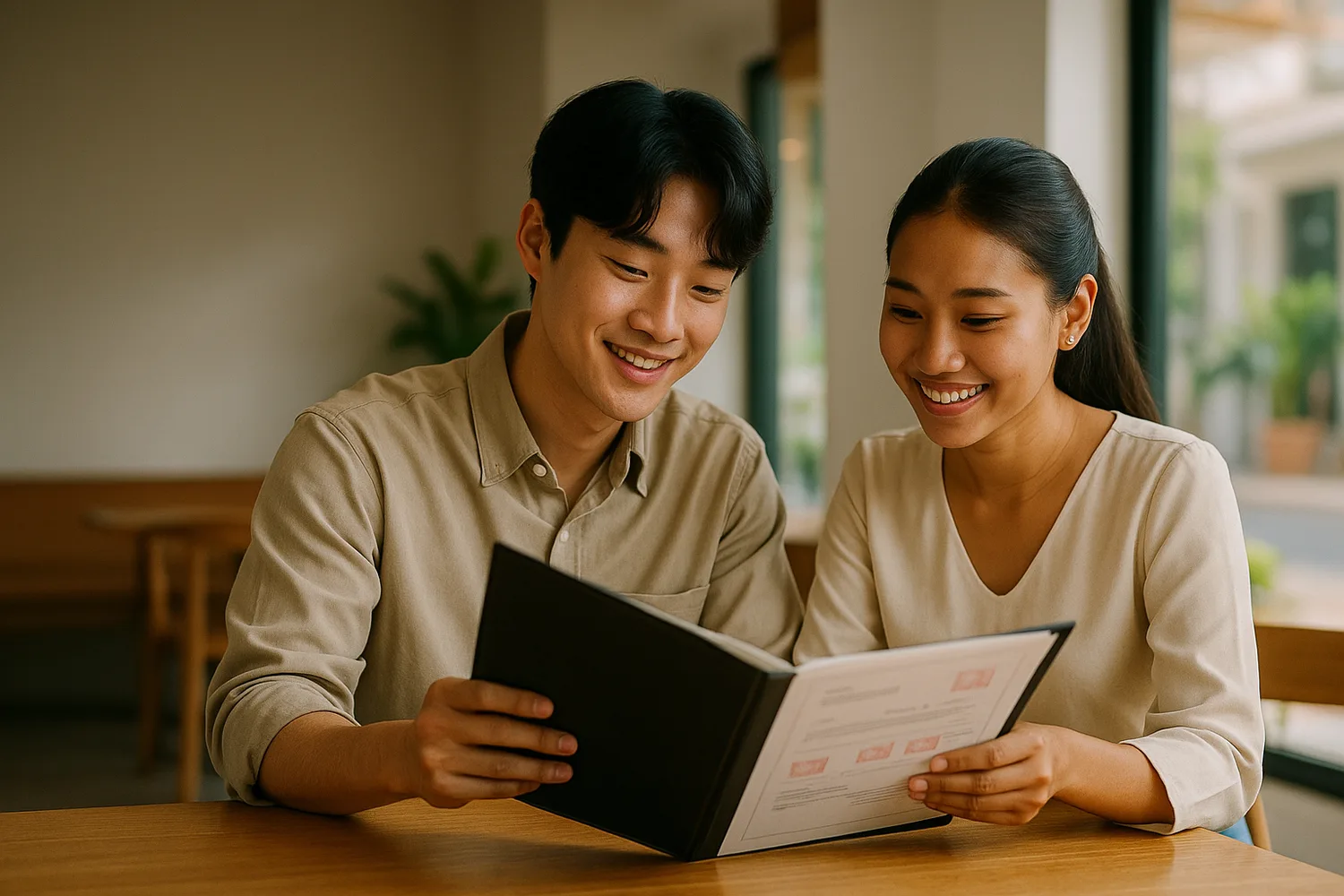 비엔티안 카페에서 도장 찍힌 서류를 함께 검토하는 한국·라오스 부부(이미지)