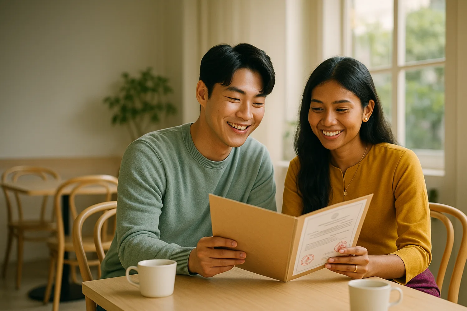 카페에서 서류를 함께 검토하는 한국·미얀마 부부(이미지)