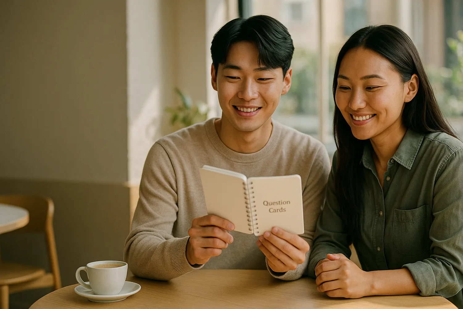 카페에서 인터뷰 질문카드로 함께 연습하는 한국·몽골 부부(이미지)