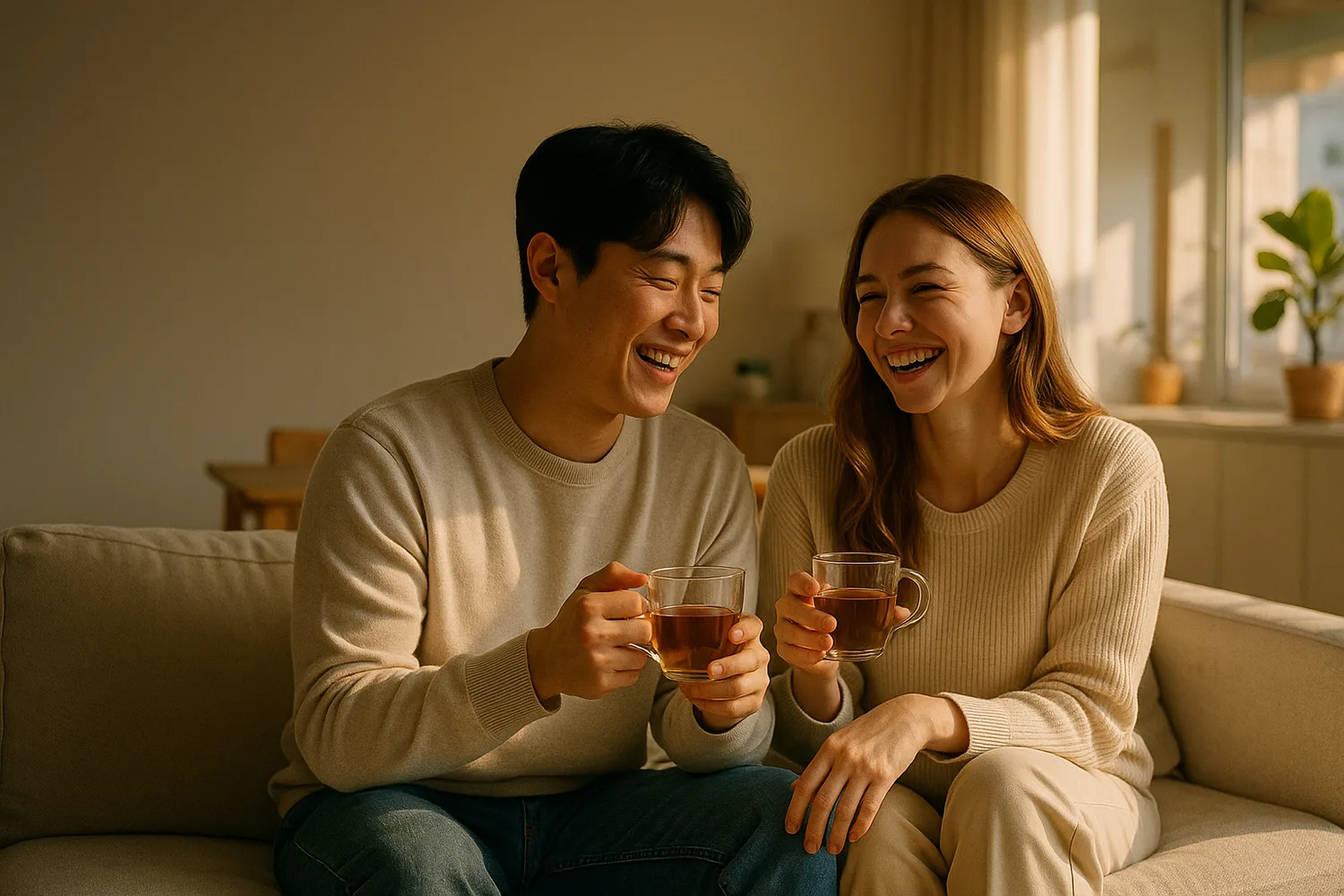 한국 집 소파에서 차를 마시며 웃는 한러 부부(이미지)