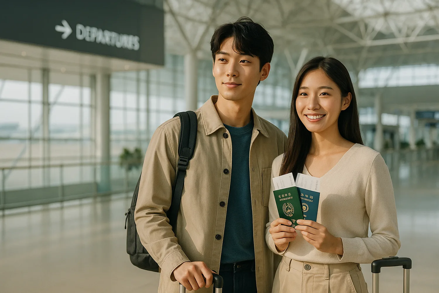 타오위안 공항 출국장에서 여권을 들고 출발을 기다리는 한국·대만 부부(이미지)