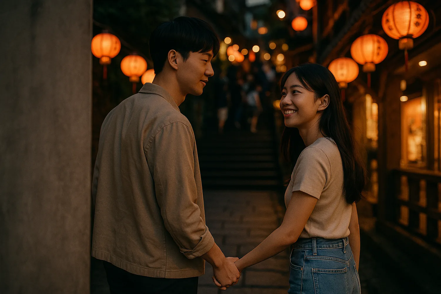 지우펀의 홍등이 걸린 계단 거리를 함께 걷는 한국인 남편과 대만인 아내(이미지)