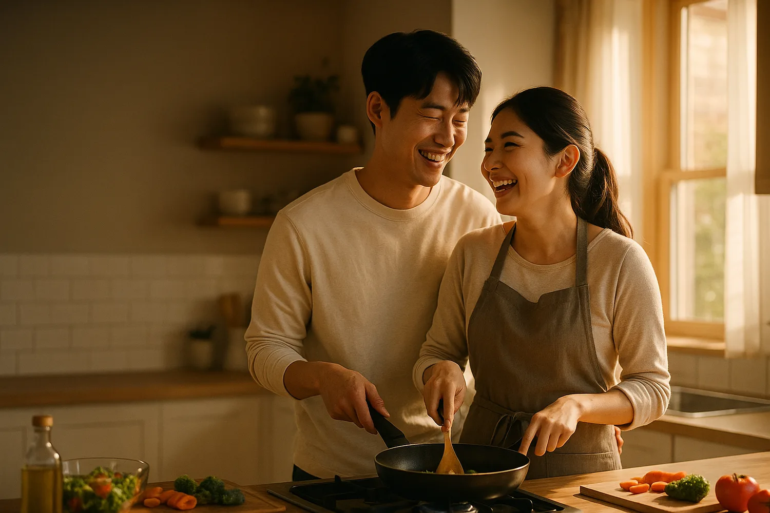 한국 집 부엌에서 함께 요리하는 한국·우즈벡 부부(이미지)