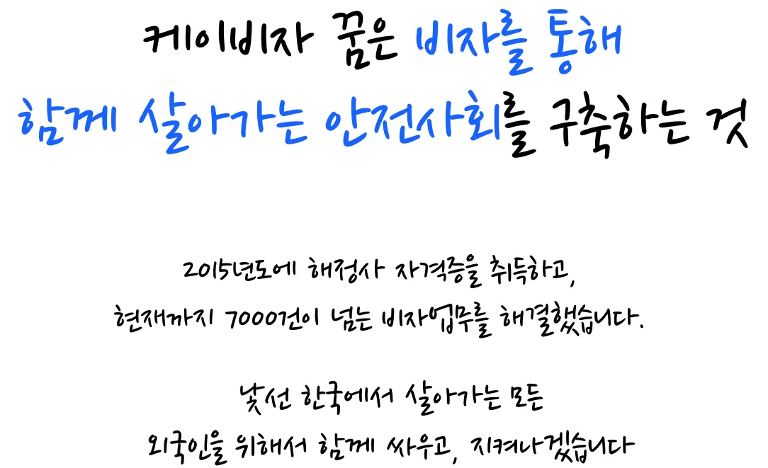 케이비자 꿈은 비자를 통해 함께 살아가는 안전사회를 구축하는 것. 2015년도에 행정사 자격증을 취득하고, 현재까지 7000건이 넘는 비자업무를 해결했습니다. 낯선 한국에서 살아가는 모든 외국인을 위해서 함께 싸우고, 지켜나가겠습니다.
